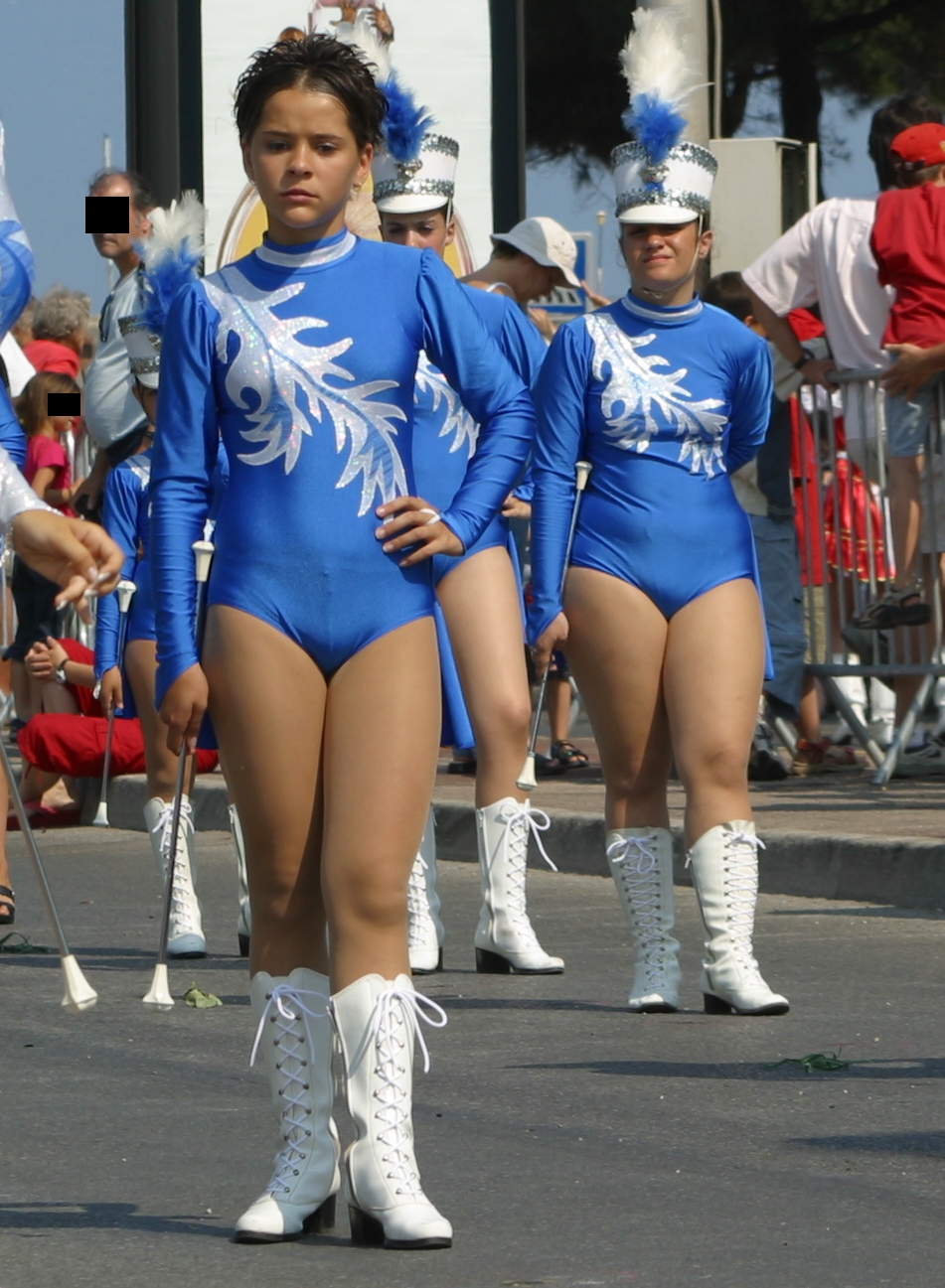 Two Brunette Majorettes wearing Tan Sheer Pantyhose and White Boots